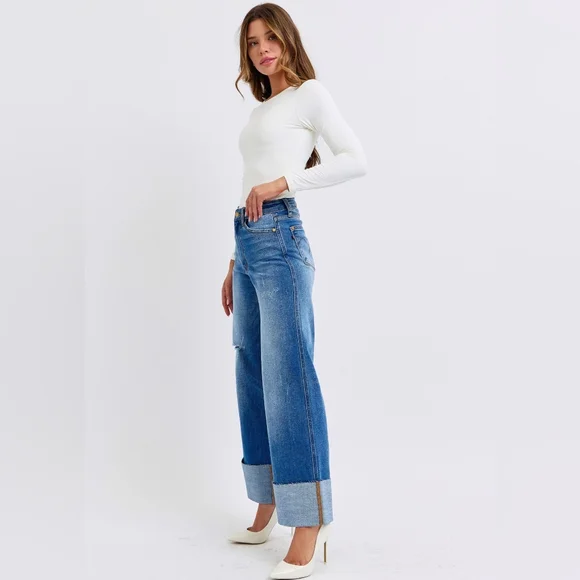 Judy Blue High-Rise Torn Boyfriend Jeans Ultra Wide Leg Cuff Raw Hem Denim Pants - Picture 3 of 16